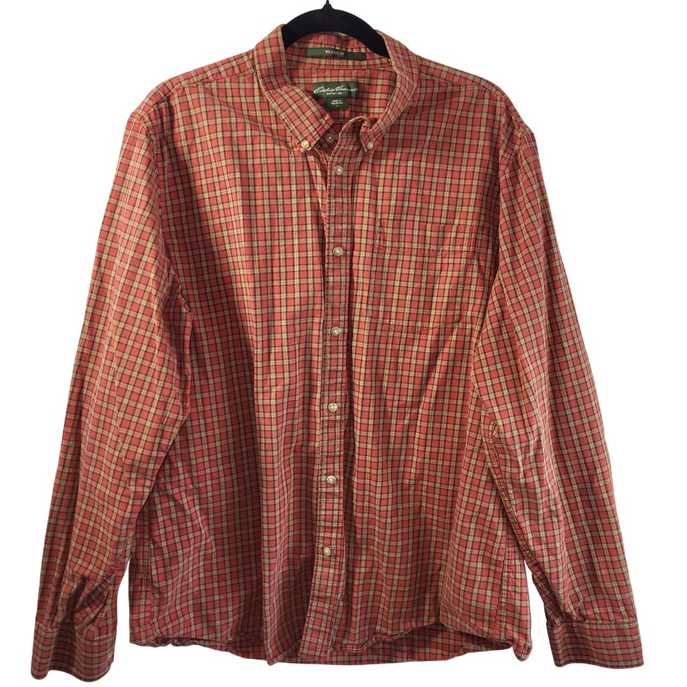 Eddie Bauer Mens Large Relaxed Fit Long Sleeve Plaid Button Down Shirt Red Tan
